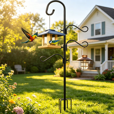 Heavy Duty Adjustable Shepherds Hook Outdoor Bird Feeder Pole – 5 Prong Base For Stability, Rust-Proof Metal, Holds Hummingbird Feeder, Hanging Plants, Lanterns, Wreaths, Must-Have For Garden