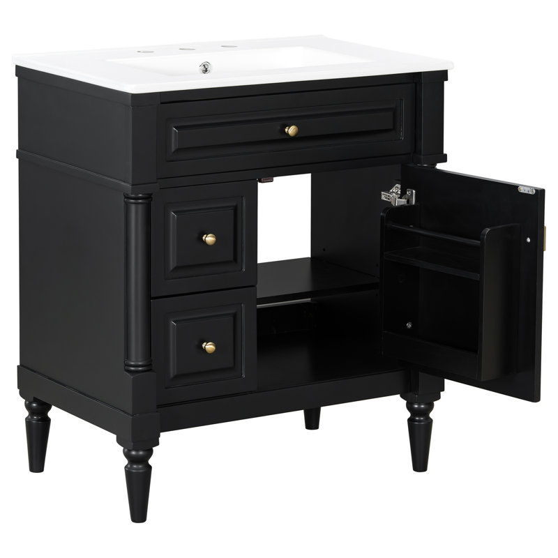 Meuble-lavabo moderne de 30 pouces avec lavabo en céramique et armoire de rangement | Idée cadeau, Noir, 30