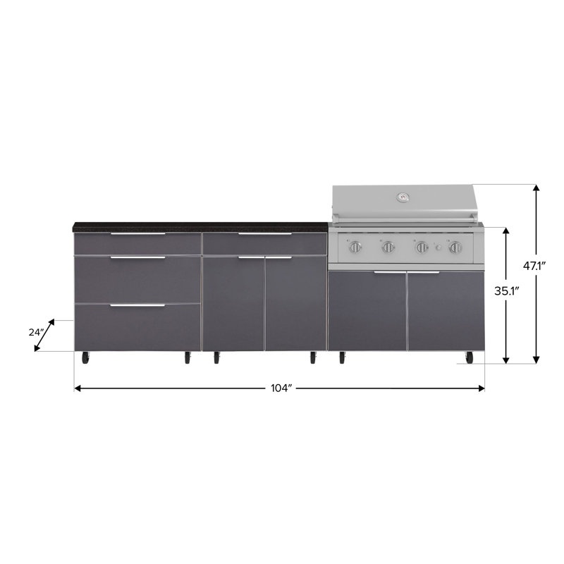 Ensemble d'armoires d'extérieur 5 pièces en aluminium gris ardoise avec roulettes et 3 tiroirs, bar, armoire de barbecue, barbecue au propane liquide de 40 po et plateau en pierre d'ingénierie noire de 64 po