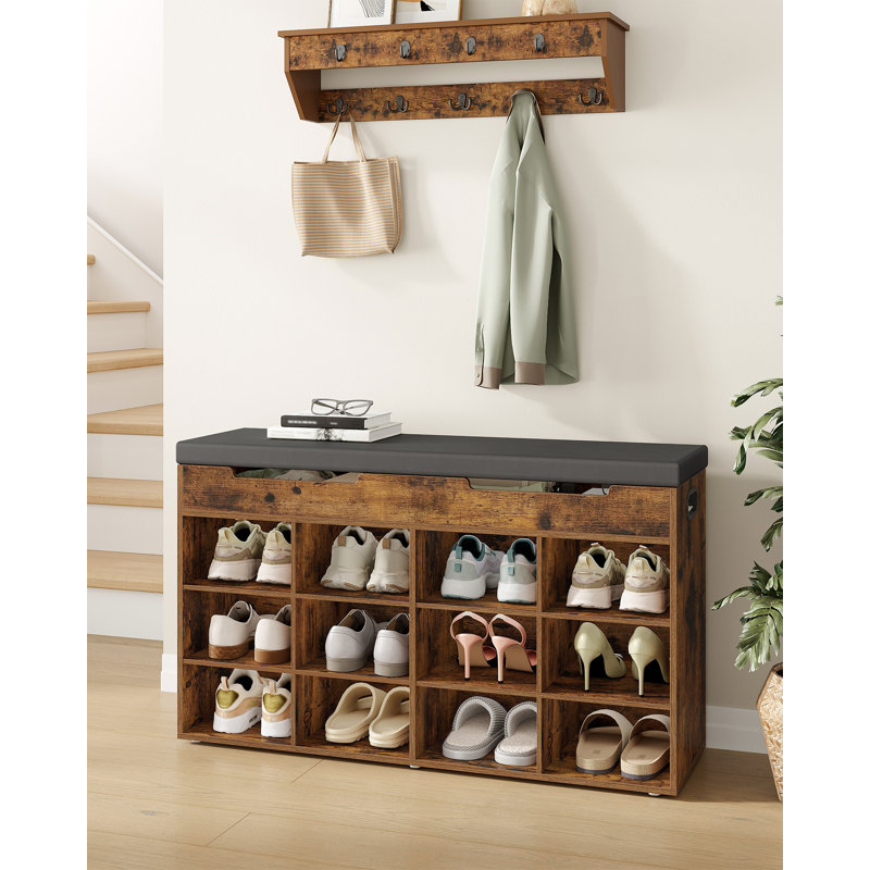 Shoe Storage Bench with Padded Seat, Shoe Rack Bench with 12 Compartments, Hidden Storage, Adjustable Shelves, Shoes Cabinet with Cushion for Living Room, Hallway