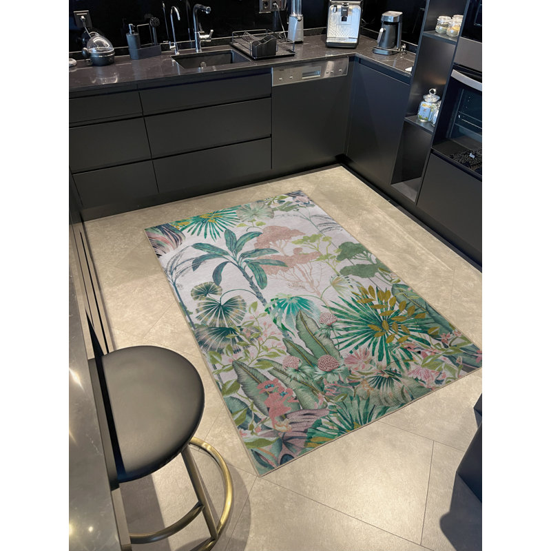 Multi-Colored Tropical-Themed Flower and Tree Patterned Modern Decorative Rug, Rectangle 5'1" x 7'7"