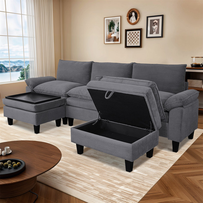Modular Sectional Sofa, Corduroy U-Shape Sectional Couch With 2 Movable Ottoman For Living Room, Gray Corduroy