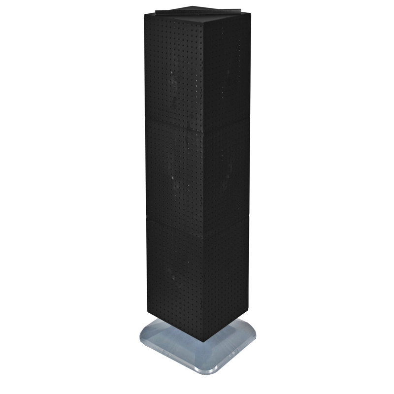 Présentoir de plancher à quatre côtés en panneau perforé sur base pivotante. Support à roulettes. Taille du panneau: l 14 po x H 60 po
