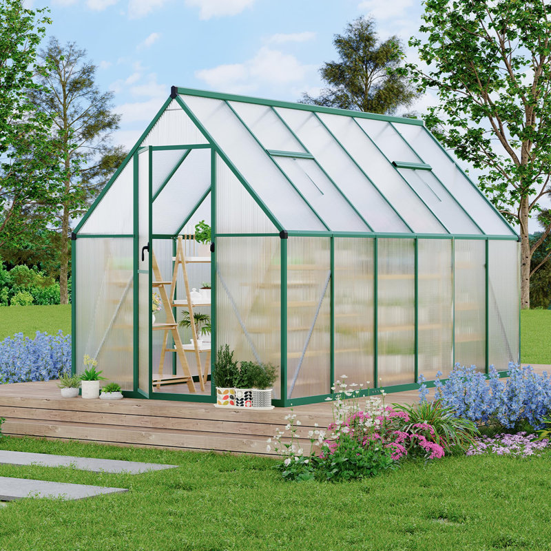 Serre en polycarbonate vert robuste de 6 pi x 11 pi avec grande structure en aluminium, portes verrouillables doubles, évent de toit et piquets de sol