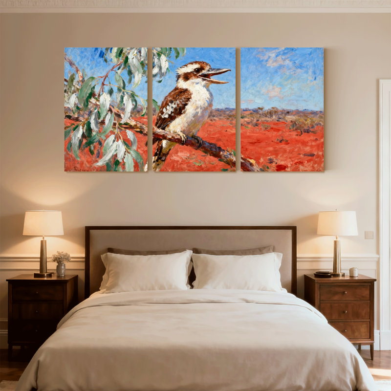 Oiseaux Kookaburra perchés sur une branche dans un paysage rouge, ensemble de 3 impressions sur toile, H 24 po x l 48 po
