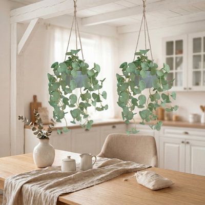 Set of 2 Artificial Dotted Heart Leaf Trailing Hanging Plants with Cement Pot, Faux Trailing Vine Greenery with Jute Rope Hanger for Indoor Boho Wall Window Decor