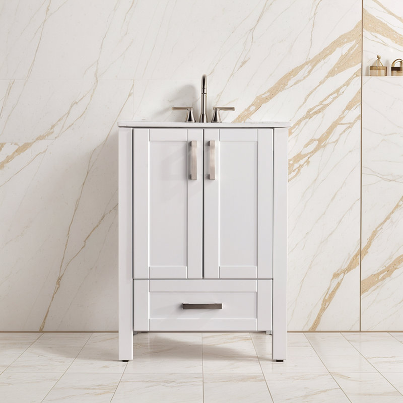 24" Modern Free Standing Single Bathroom Vanity with Ceramic Top, White, Silver