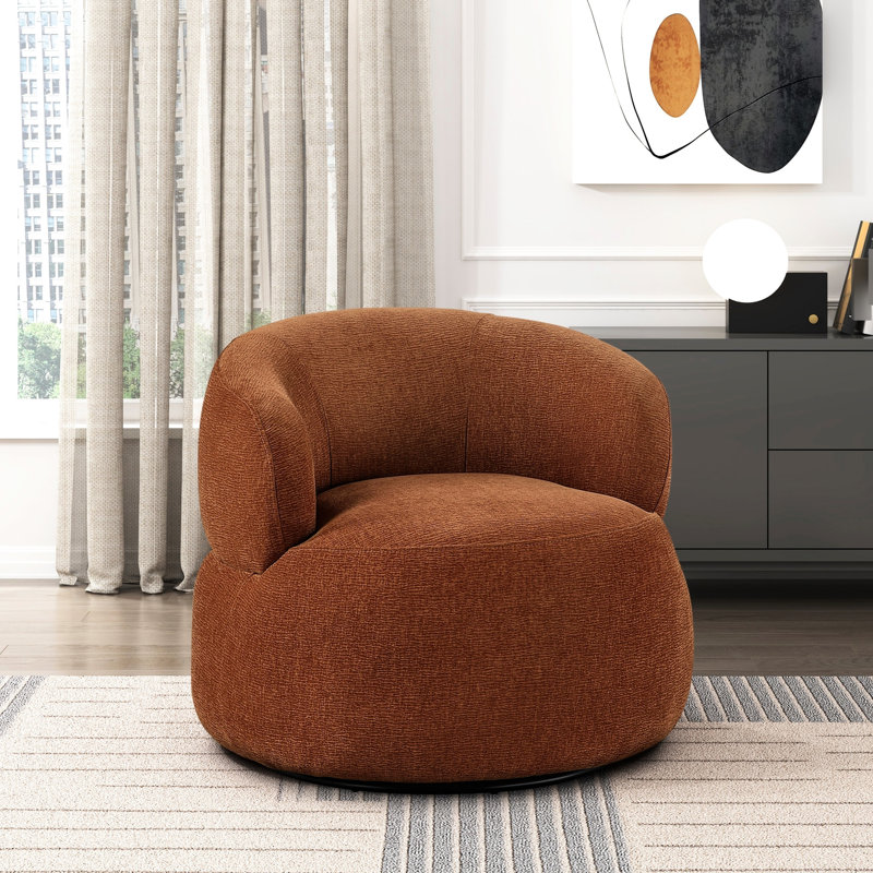 Fauteuil pivotant d'appoint moderne et luxueux, couleur orange rouille, revêtement en chenille, rotation à 360°, structure en bois massif, aucun assemblage requis pour une décoration douillette dans la chambre ou le salon.