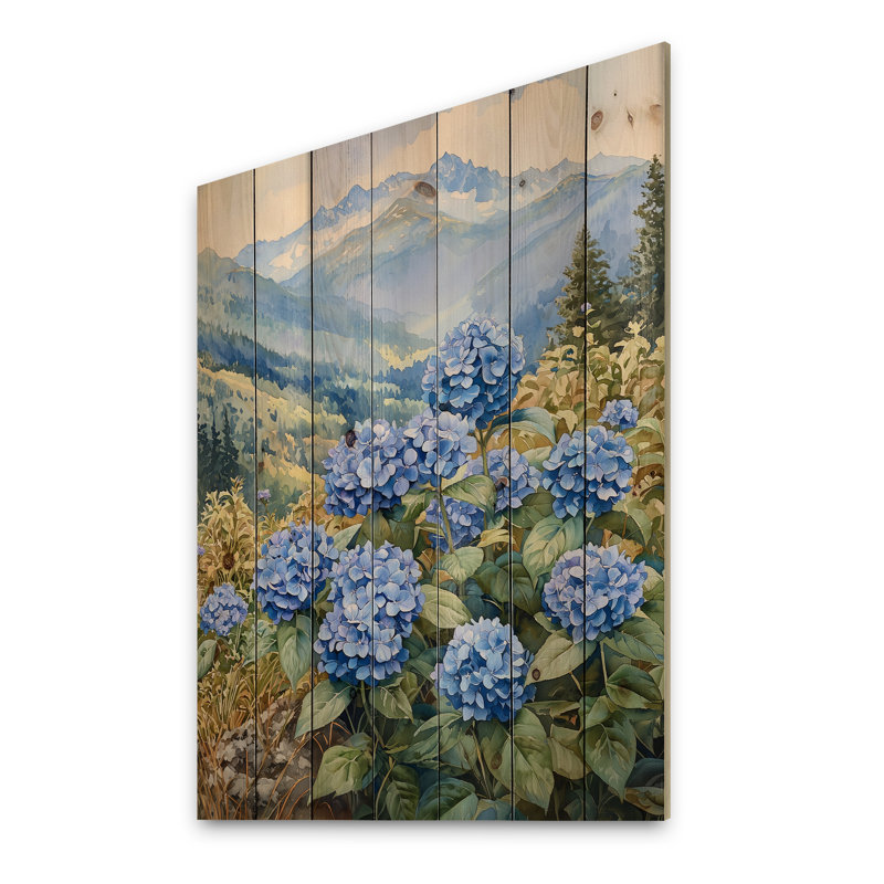 Hortensias dans la prairie de montagne III - décoration murale en bois d'hortensias - sur bois de pin naturel