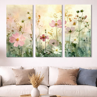 Light Spring Wildflowers Garden I – Ivory Floral 3 Piece Framed Canvas Print