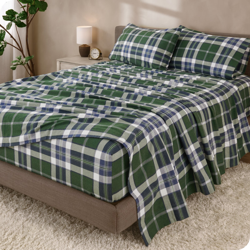Ensemble de draps 100% flanelle de coton, Ensemble de draps pour lit simple TG avec 1 taie d, Tissu écossais vert enchanté 