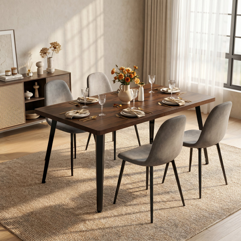 Ensemble de salle à manger 5 pièces rectangulaire de 63 po avec chaises rembourrées de style Mid-Century, Brown, Grey