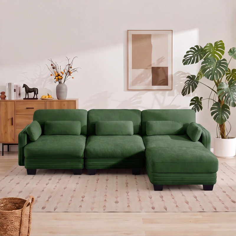 Canapé modulaire capitonné avec dossier réglable Channel, Chenille verte, 35" H x 100" W x 56.3" D