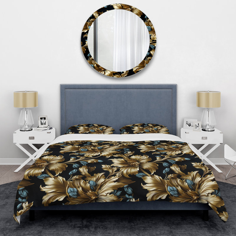 Ensemble de housse de couette damassé Glamour III bleu foncé et doré, Housse de couette pour très grand lit et 2 très
