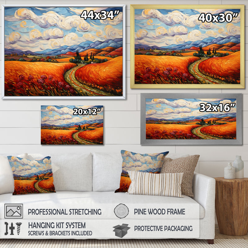 Vangogh Autumn Path IV - Vangogh, art mural, Cadre simple argenté, H 12 po x l 20 po x P 1 po