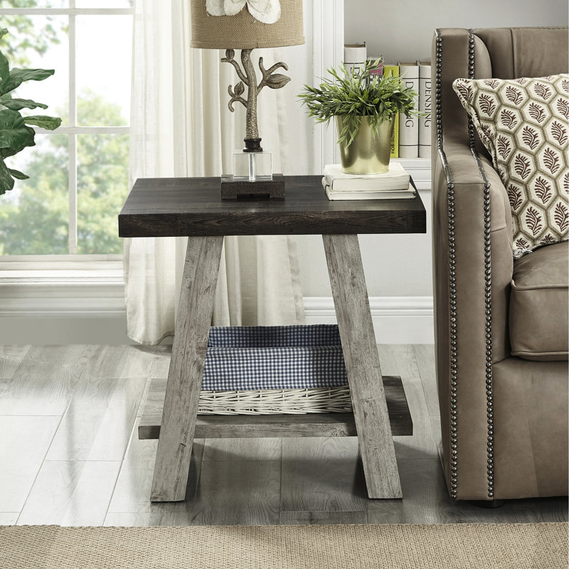 Table de bout en noyer patiné et gris avec tablette fonctionnelle de rangement cachée