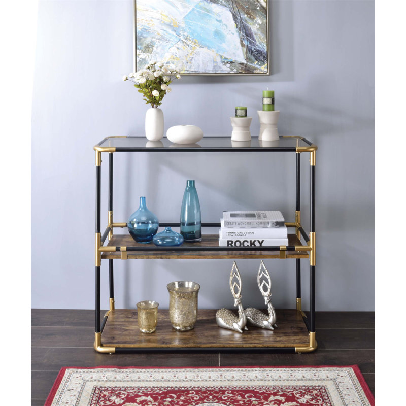 Console élégante avec 2 compartiments ouverts et une structure tubulaire ronde en métal, parfaite pour un décor moderne et élégant.