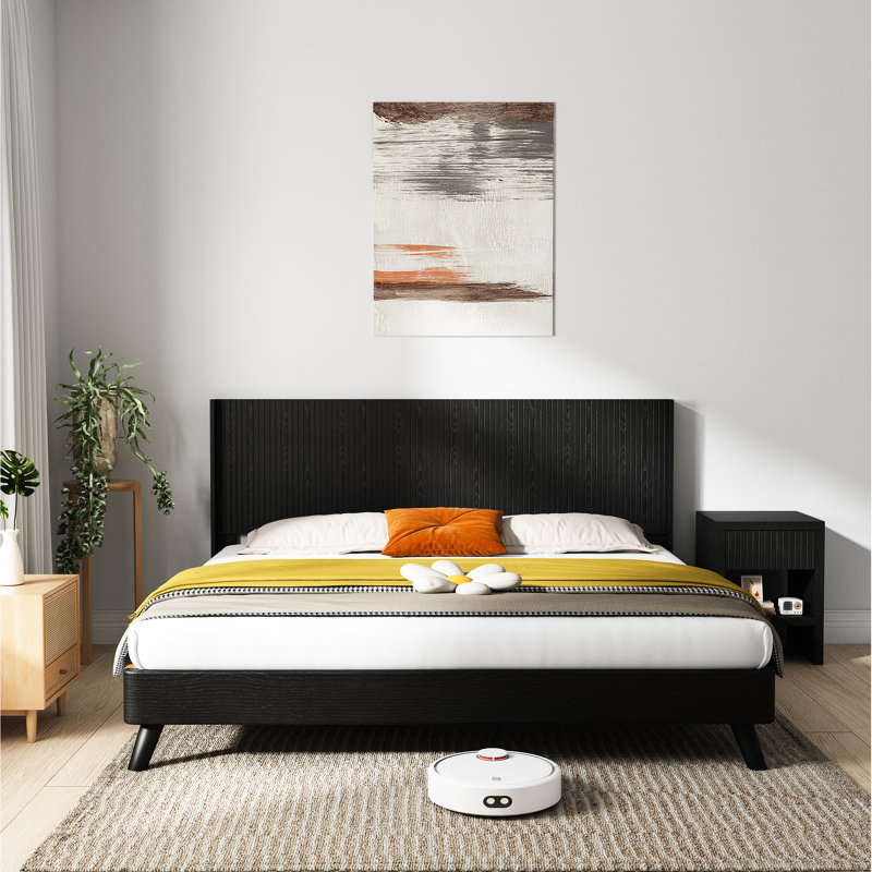Tête de lit très grand en bois - 80,2 po de largeur, style moderne, panneau cannelé mural, conception à oreilles, chêne noir, aspect véritable élégant, sculpture 3D contemporaine, utilisation polyvalente, conception large facile à assembler