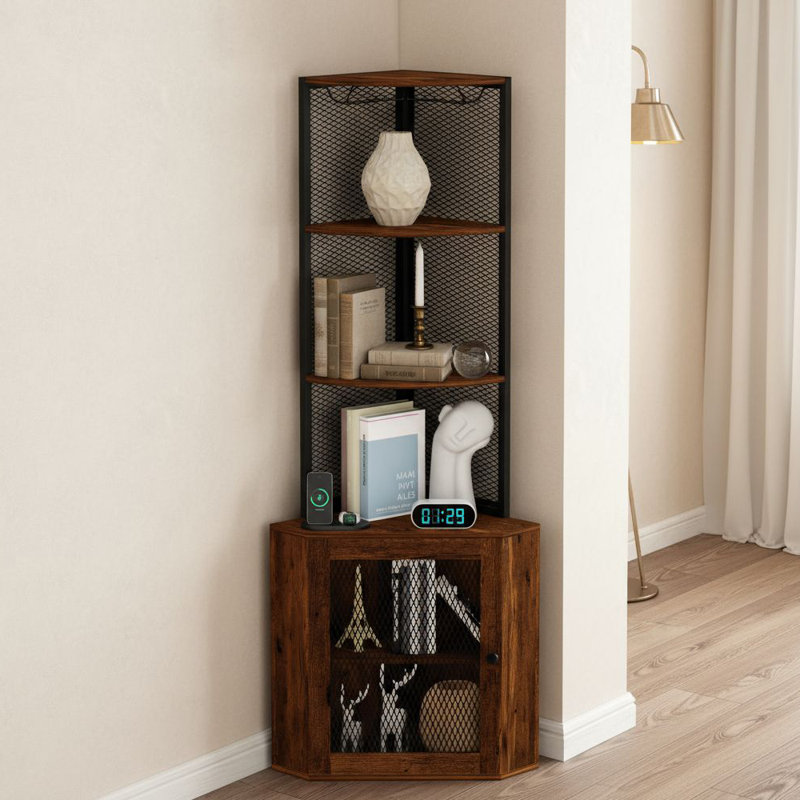 Étagère de coin à 6 niveaux avec portes en filet et porte-verres à vin Industrial