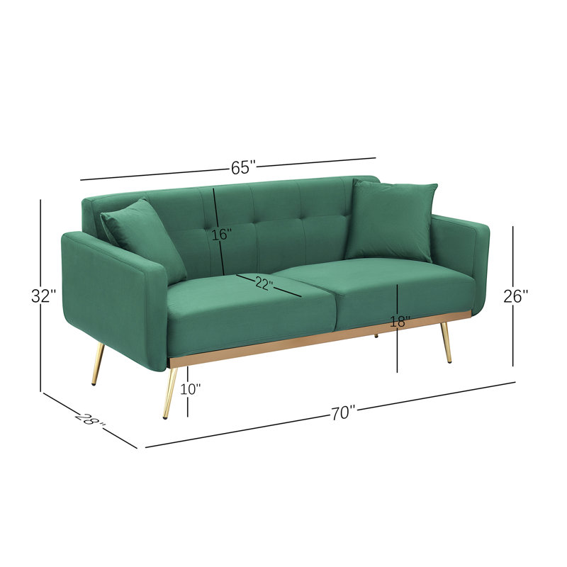 Modern 70" velvet couch upholstered sofa with two throw pillows for living room, Green