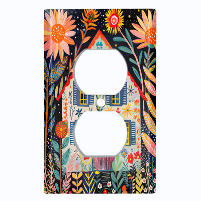 Metal Light Switch Plate Cover; US Standard Size 1 Gang Duplex - Folk Art Floral Cottage