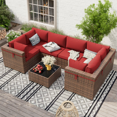 Ensemble de conversation modulaire en rotin 7 pièces avec coussins Mecayla