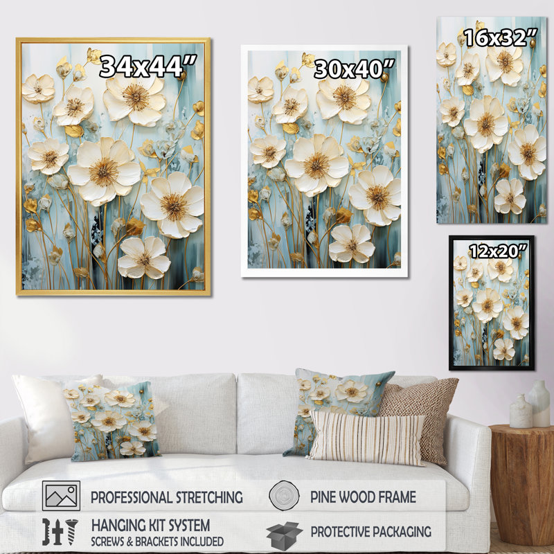 Décoration murale élégante Buttercups Meadow I - Bouton d'or, H 44 po x l 34 po x P 1,5 po, Cadre flottant blanc