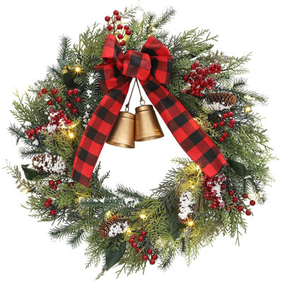 Couronne de Noël à DEL de 24 pouces avec clochettes et arc, décorations de fêtes intérieures / extérieures à piles pour porte et fenêtre, 20 lumières rouges et vertes, 8 modes d'éclairage