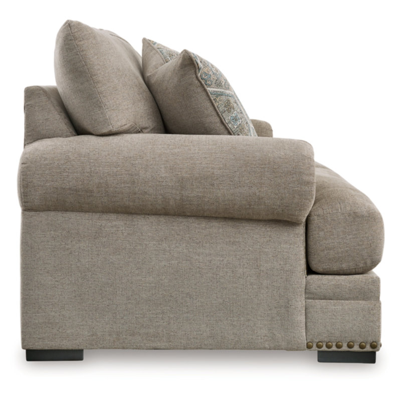 Beige Fabric Rolled Arm Nailhead Loveseat