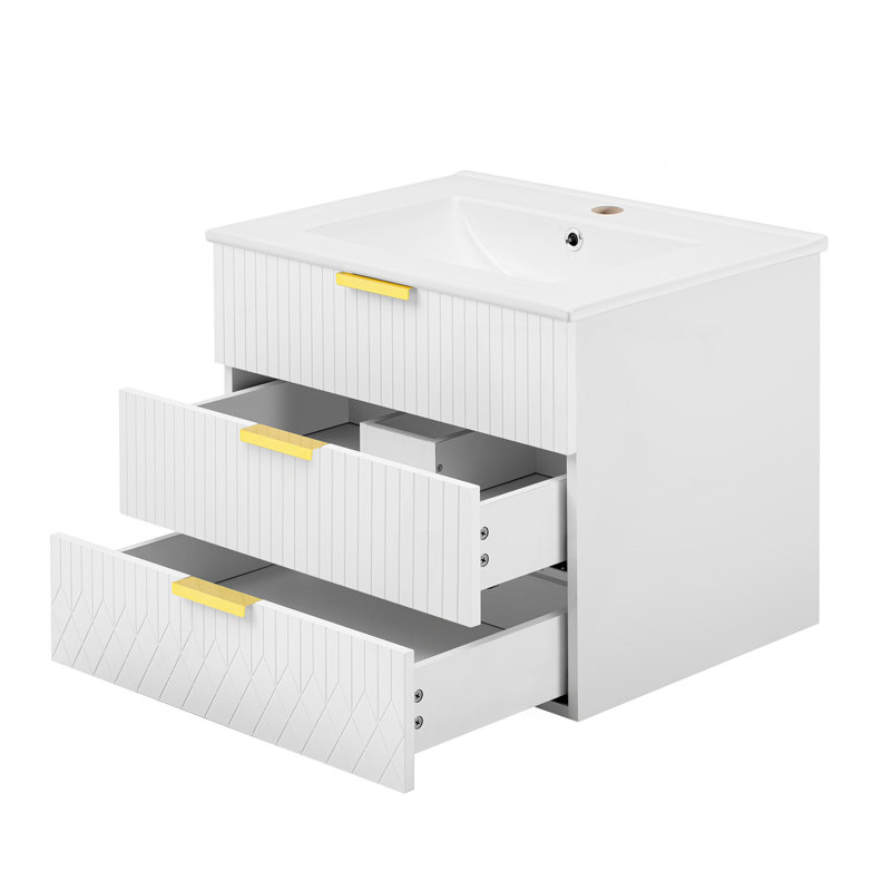 Armoire murale suspendue 24 po avec tiroir double, petit lavabo de salle de bain rectangulaire flottant avec trou de robinet simple et trop-plein, armoire de salle de bain moderne avec lavabo en céramique