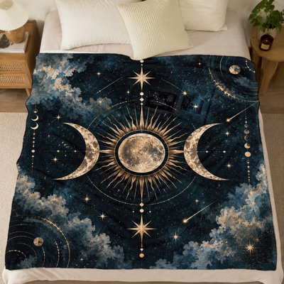 Tapisserie murale artistique représentant les phases de la lune et du soleil - Design bohème galaxie et étoiles ; Décoration murale chaleureuse pour la maison, idéale pour le salon, la chambre ou une chambre d'étudiant. Impression durable et éclatante. Une idée cadeau unique. Convient également pour la literie et le canapé.