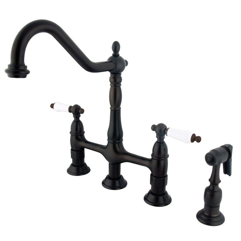 Kingston Brass Heritage Two-Handle 4-Hole Deck Mount Bridge Kitchen Faucet with Brass Side Sprayer, Oil Rubbed Bronze
