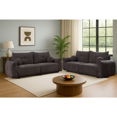 Lambswool 90" Oversized Sofa With 2 Ball Pillows, Comfy Sherpa Lambswool Fabric With Wood Legs,Set Of 2