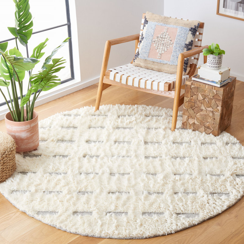 Tapis gris / ivoire en laine et coton tissé à la main Gell, Rond 6 pi