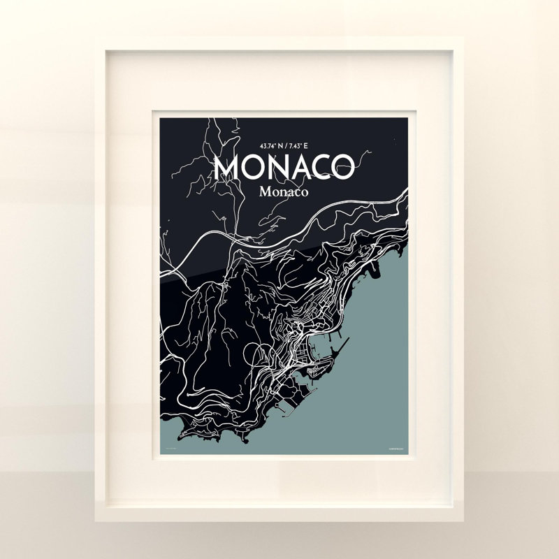 Monaco City Map, impression, Gris / noir, H 20 po x l 16 po