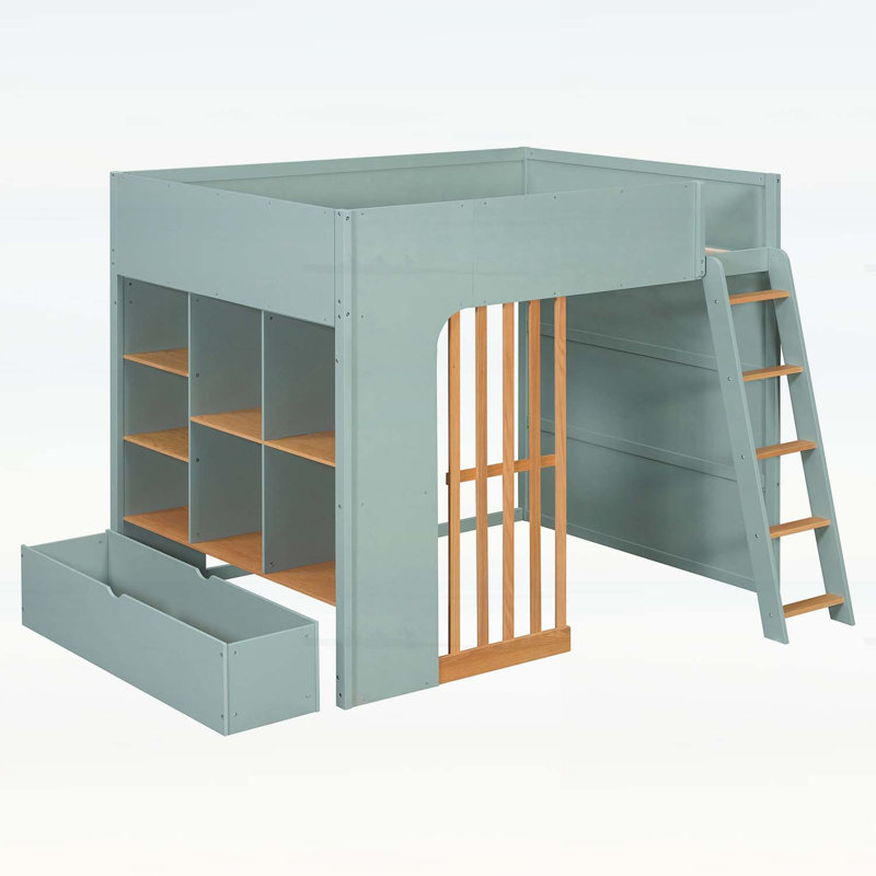 Lit mezzanine double avec tablettes, canapé-lit en bois avec échelle et rangement, vert menthe + chêne naturel, Full