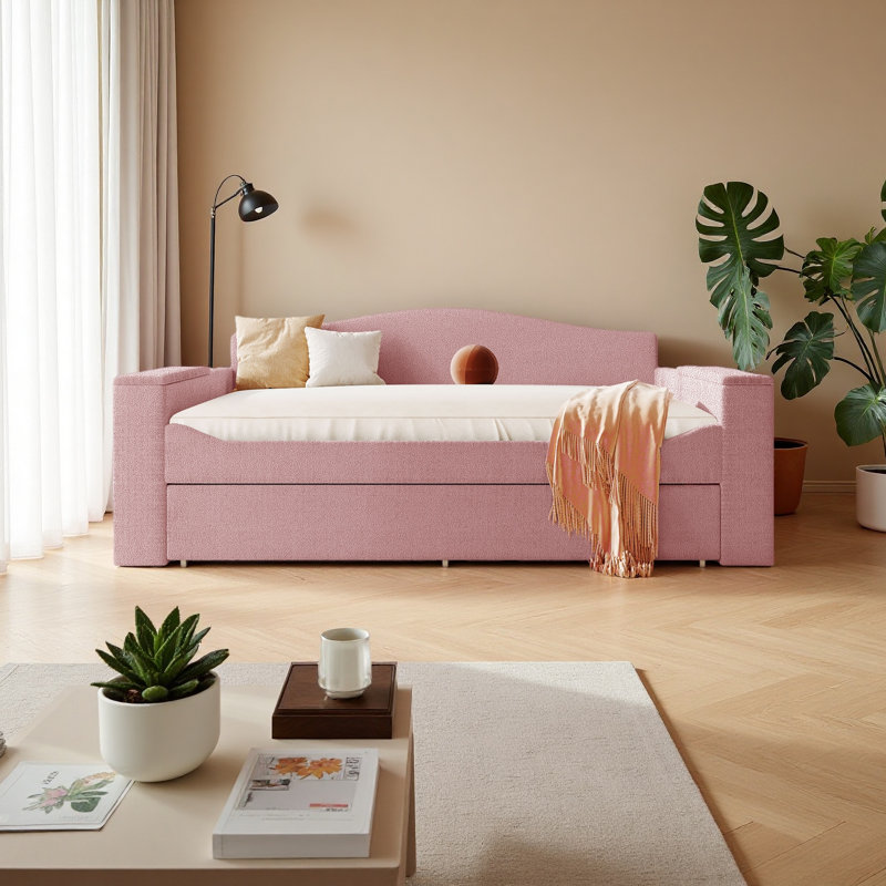 Full Size Upholstered Daybed With Storage Armrests, Trundle And Latest Integrated Bluetooth Audio System, Teddy Fleece, Full