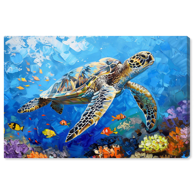 Colorful Coastal Turtle Swimming Canvas Wall Art, 24" x 16"