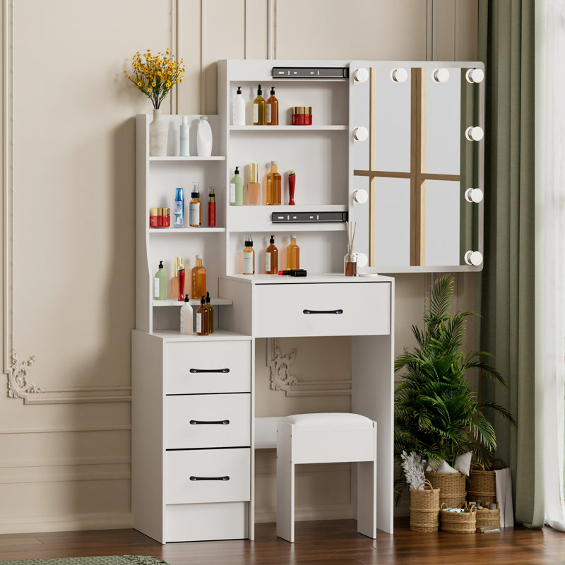 Rickisha Makeup Vanity Set with LED Lighted Mirror and Storage Drawers for Bedroom