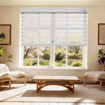  No Drill Motorized Zebra Shades with Remote Control, 50% Light Filtering Smart Blinds for Apartments & Rentals , Automatic Day/Night Adjustment (Silver Gray 35.5"Wx72"H)