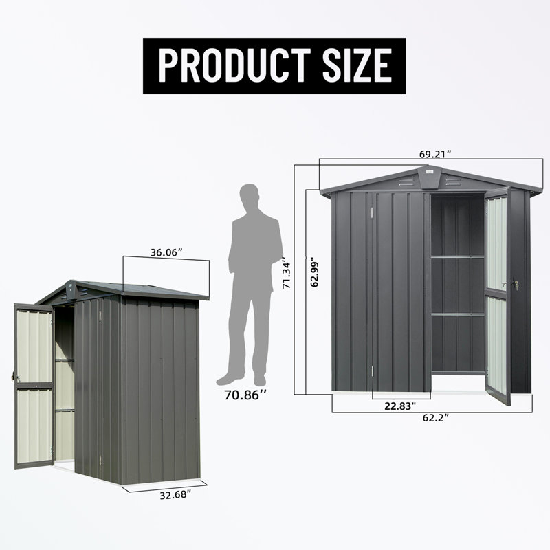 Metal Storage Shed, 71.34" H x 69.21" W x 36.06" D, Black
