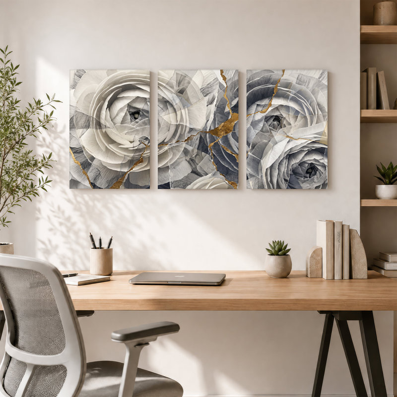 Ensemble de 3 toiles blanches et grises roses et feuilles d'or, H 36 po x l 24 po x 3 pièces