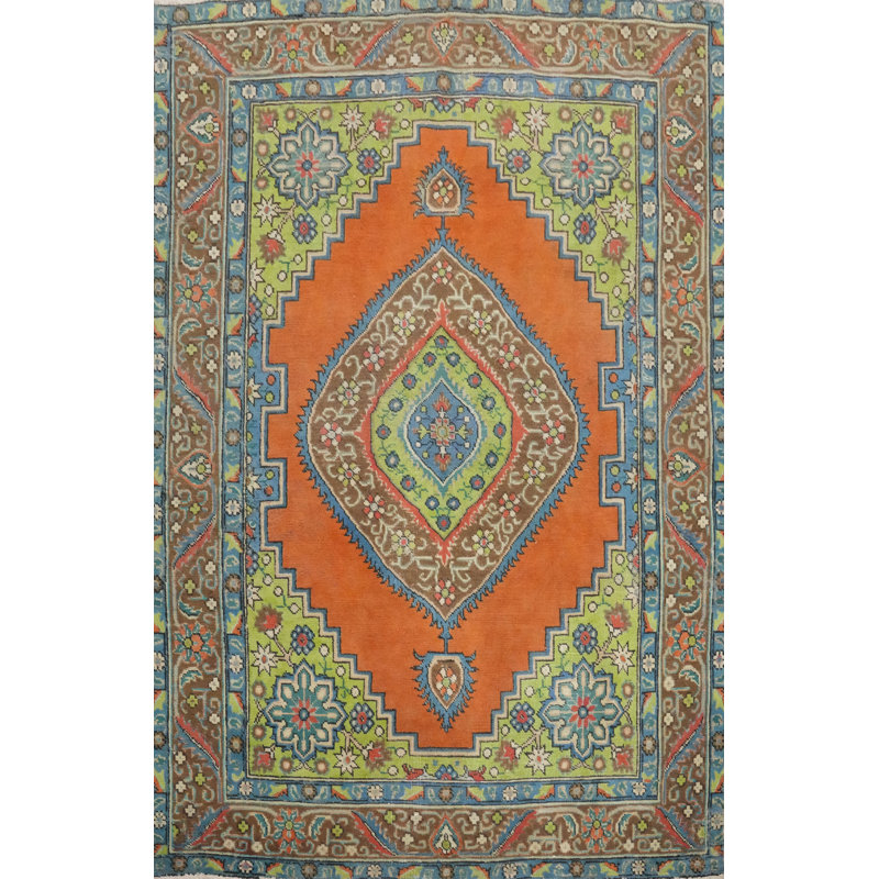 Tapis traditionnel orange en laine à motif géométrique 5 x 6