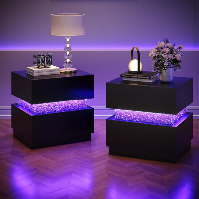 Table de chevet moderne à 2 tiroirs avec éclairage DEL RVB et panneau décoratif en cristal