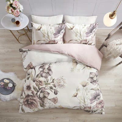 Housse de couette en coton 3 pièces, aspect chic décontracté, motif floral doux, double, 1 et 2 taies décoratives, fermeture à boutons, attaches de coin, coton, motif floral romantique
