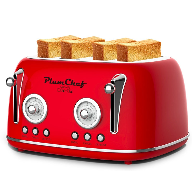 Grille-pain rouge à 4 tranches en acier inoxydable - plateau à miettes amovible, 6 brunisseurs et dégivrage