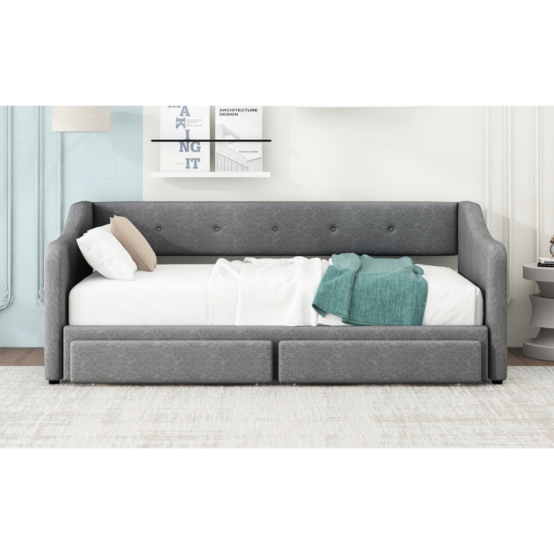 Lit de jour rembourré simple TG très grand, gris avec tiroirs de rangement - Lit de jour élégant et pratique pour 2 chambres à coucher
