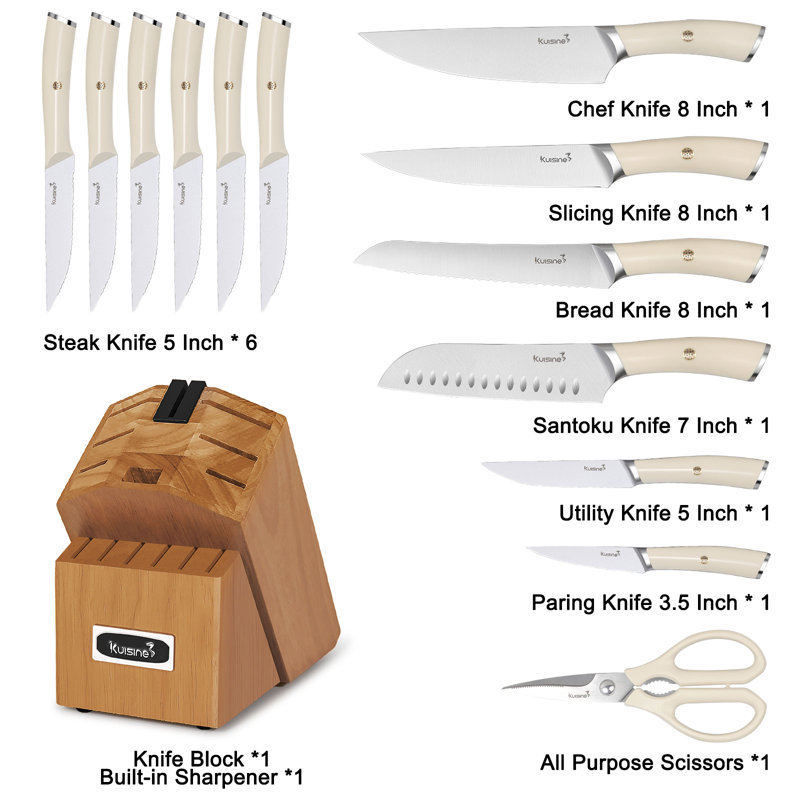Ensemble de couteaux de cuisine en acier inoxydable à haute teneur en carbone 15 pièces, cuisine ergonomique en ABS, bloc de bois d'acacia d'affûtage intégré