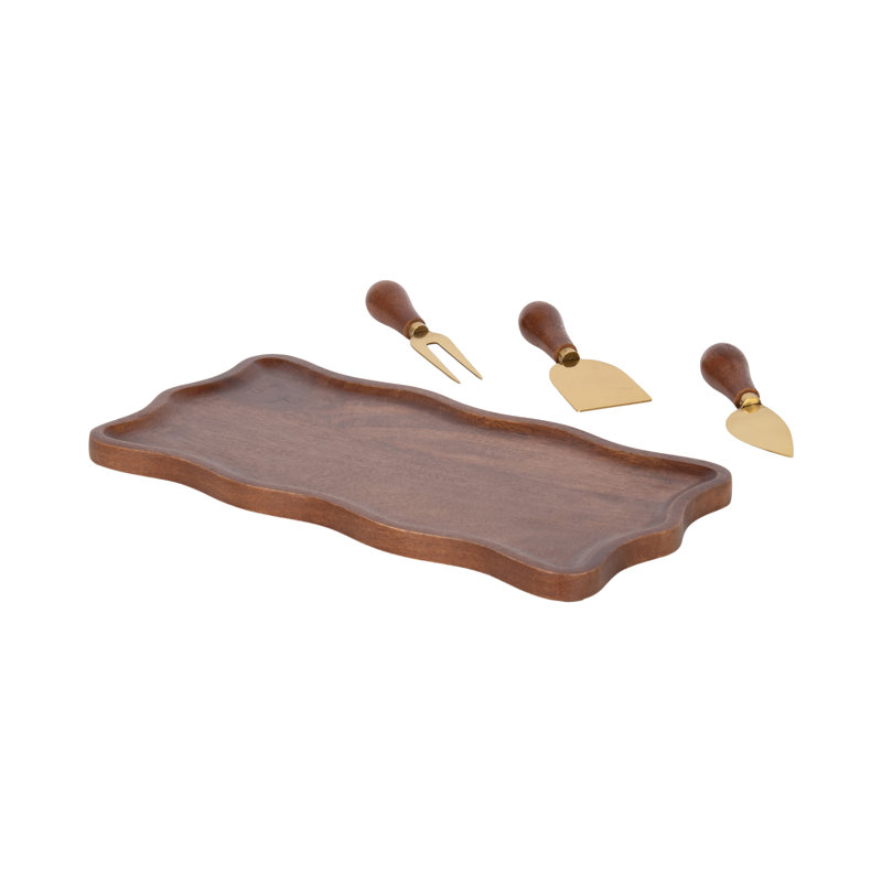 Waylock Four-Piece Cheese Board Set with Utensils, Wood, Dark Brown Wood/Gold