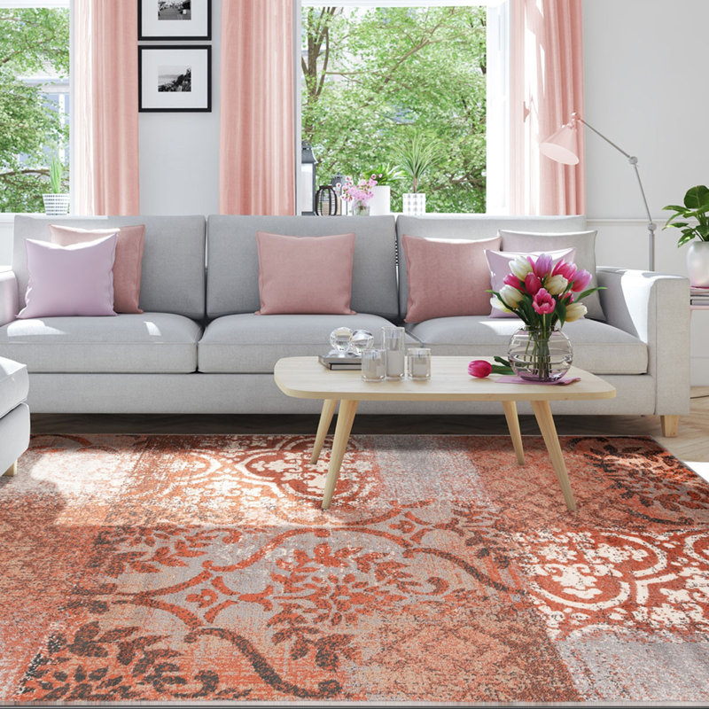 Tapis gris rouille et damassé 5 pi x 8 pi résistant aux taches et à la rouille